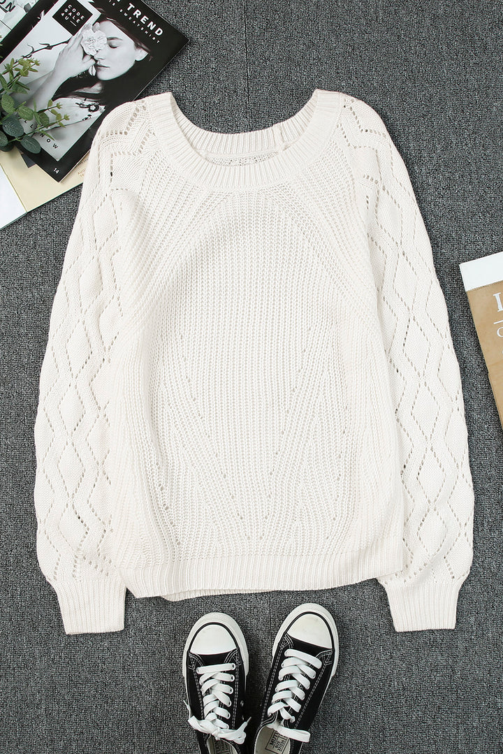 Chic White Hollow-out Puffy Sleeve Knit Sweater