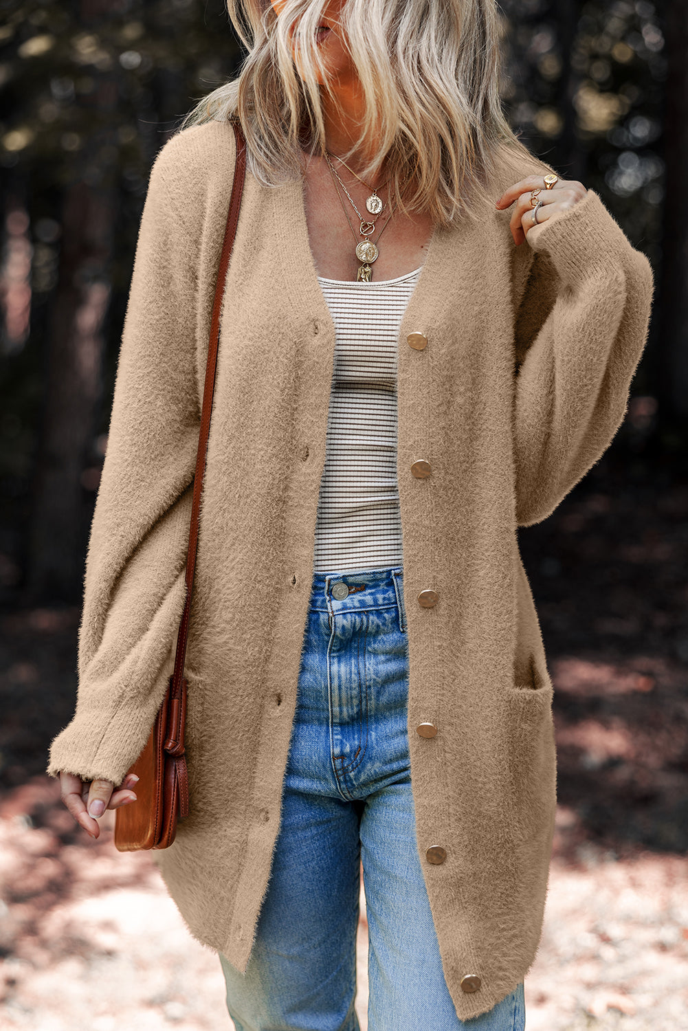 Fuzzy Buttoned Front Midi Solid Cardigan