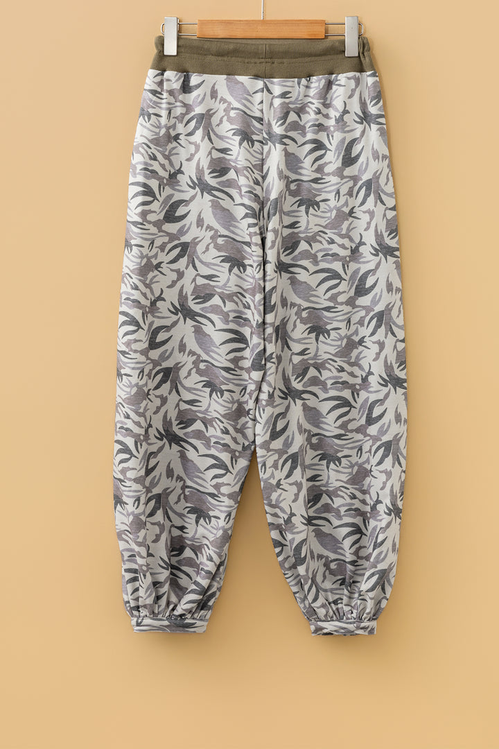 Khaki Drawstring Contrast Waistband Camouflage Joggers Pants