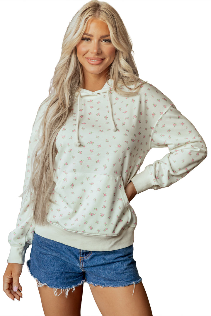 White Floral Print Ribbing Drawstring Hem Long Sleeve Hoodie