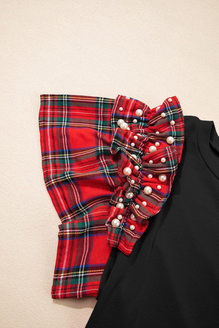 Black Plaid Pearl Ruffle Short Sleeve Loose T Shirt