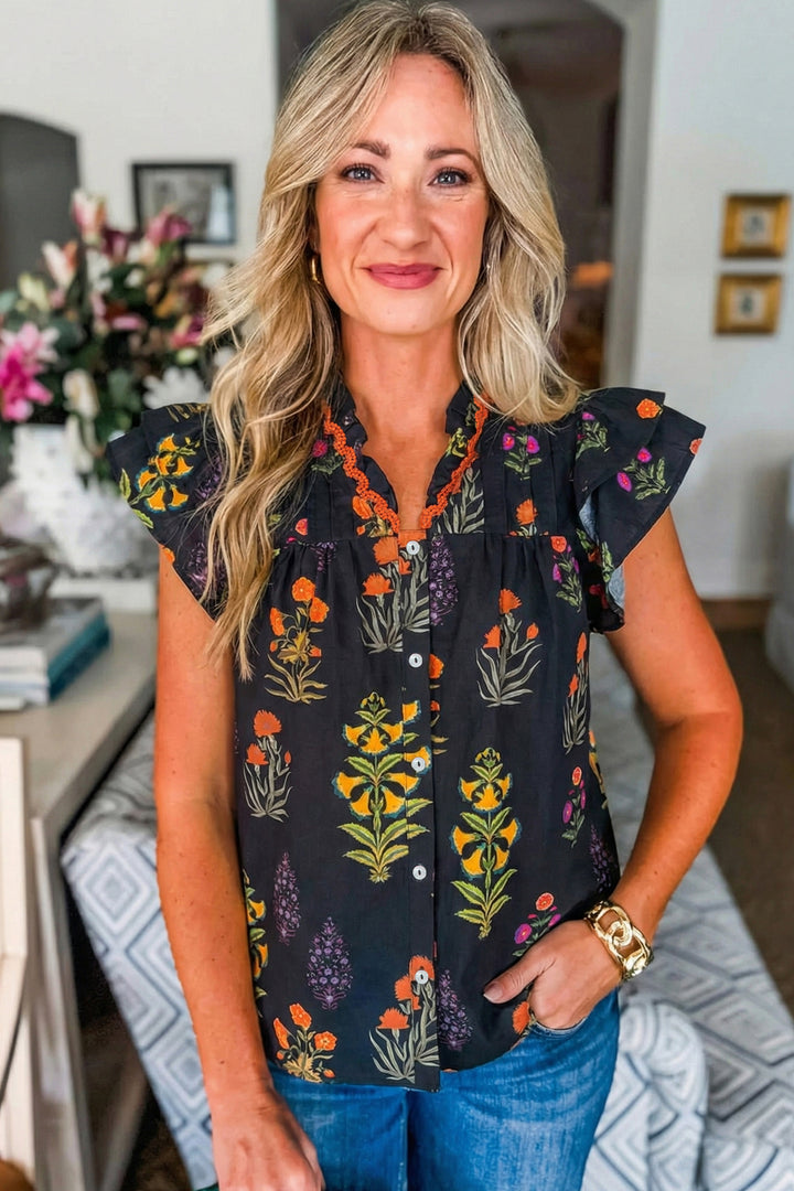 Floral Print Lace Trim Frilled V Neck Short Sleeve Shirt