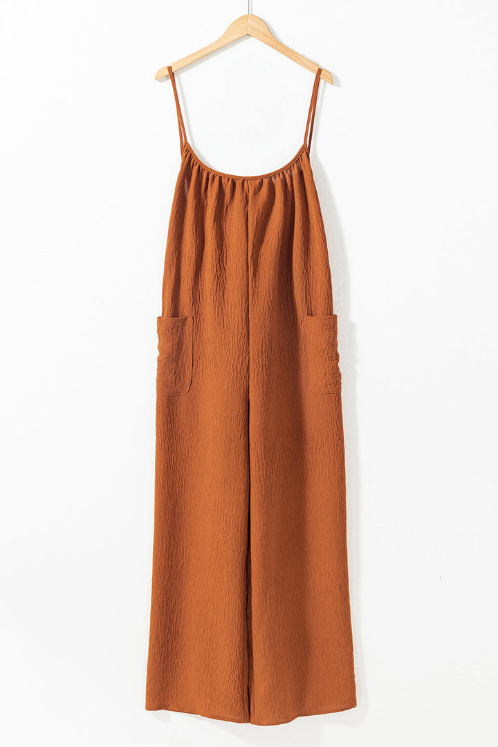 Spaghetti Straps Waist Tie Wide Leg Jumpsuit with Pockets