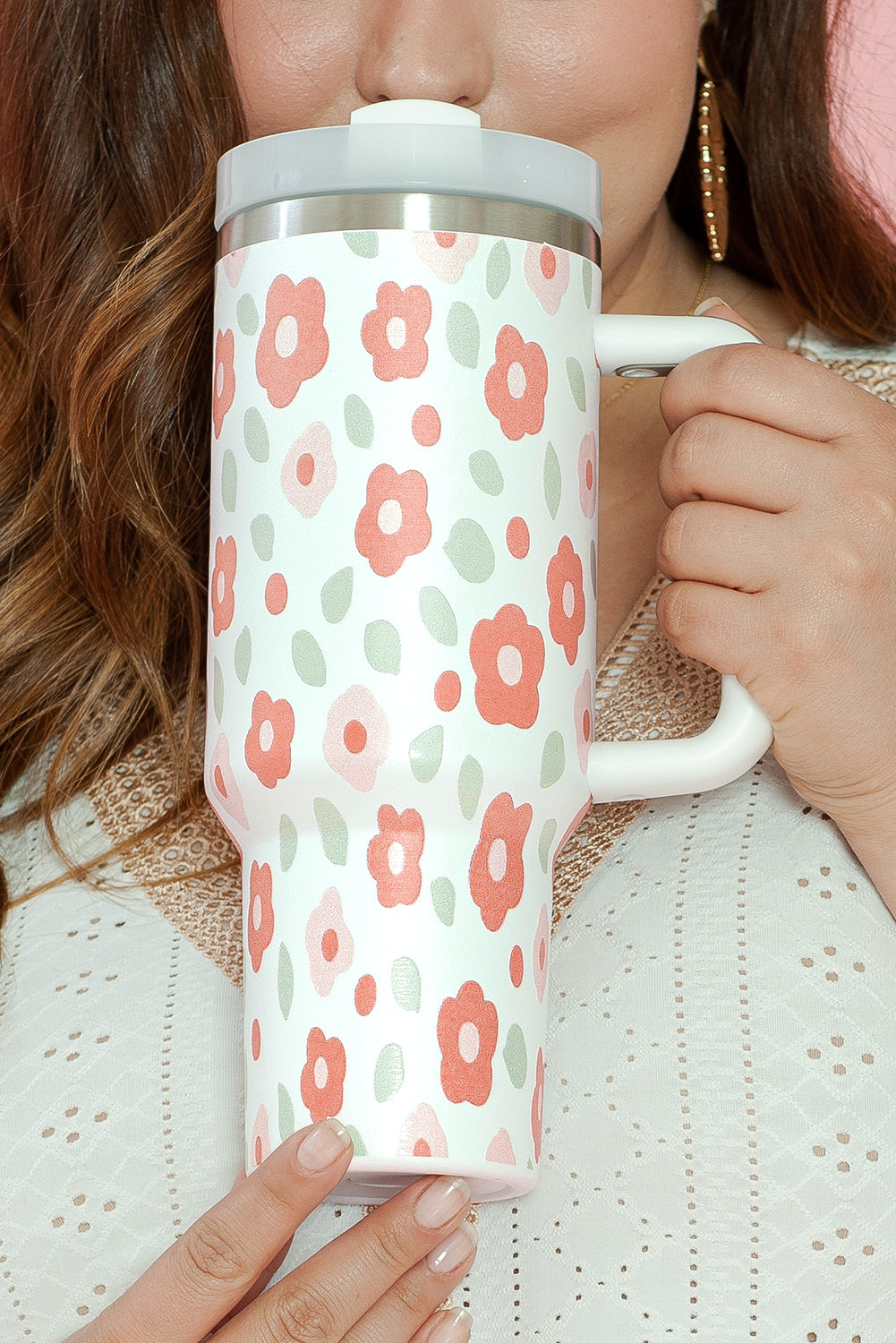 Großer tragbarer Edelstahlbecher mit Blumen- und Blätterdruck, 40 oz
