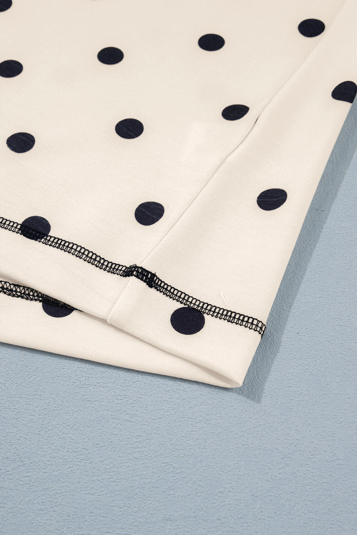 White Polka Dot Short Sleeve Loose Top Drawstring Shorts Set