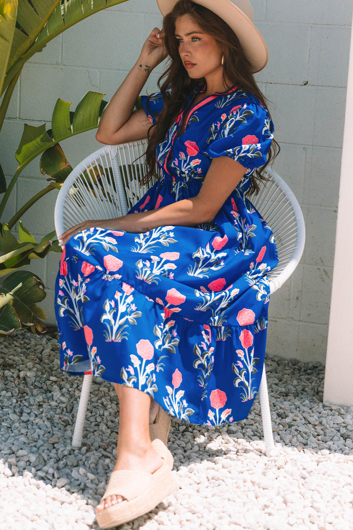 Blue Floral Puff Short Sleeve Maxi Dress