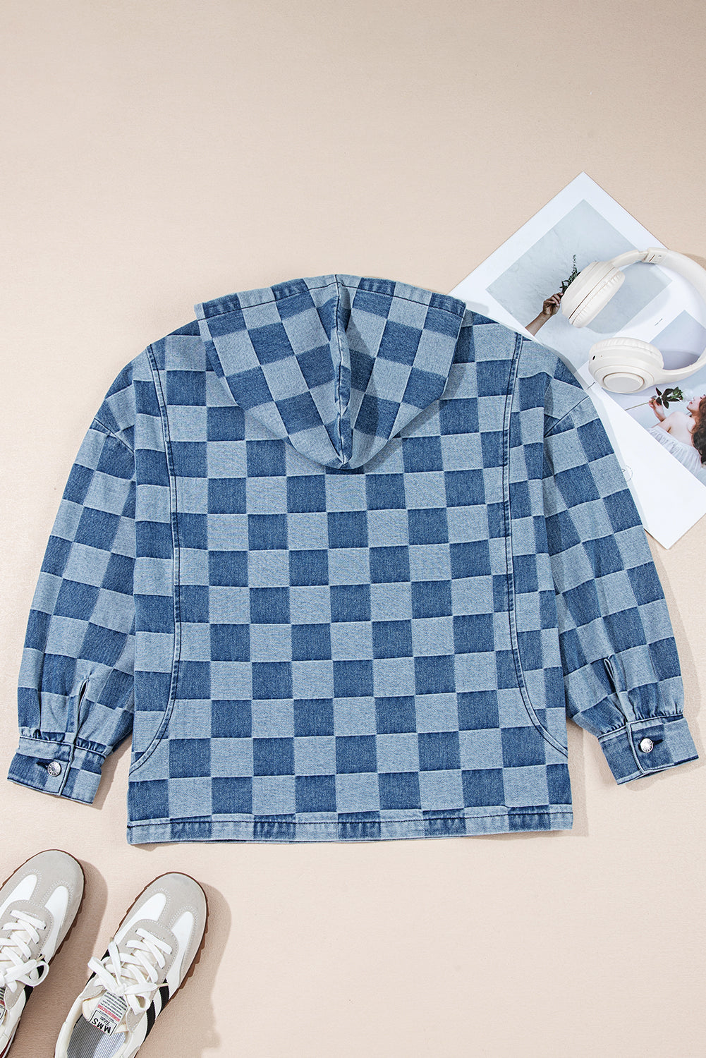 Checkerboard Zipped Neck Kangaroo Pocket Denim Hoodie