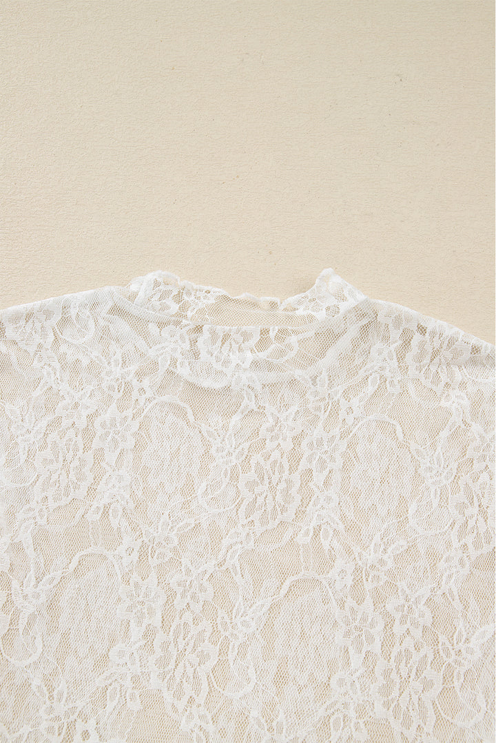 Sheer Lace Mesh Mock Neck Slim Fit Long Sleeve Top
