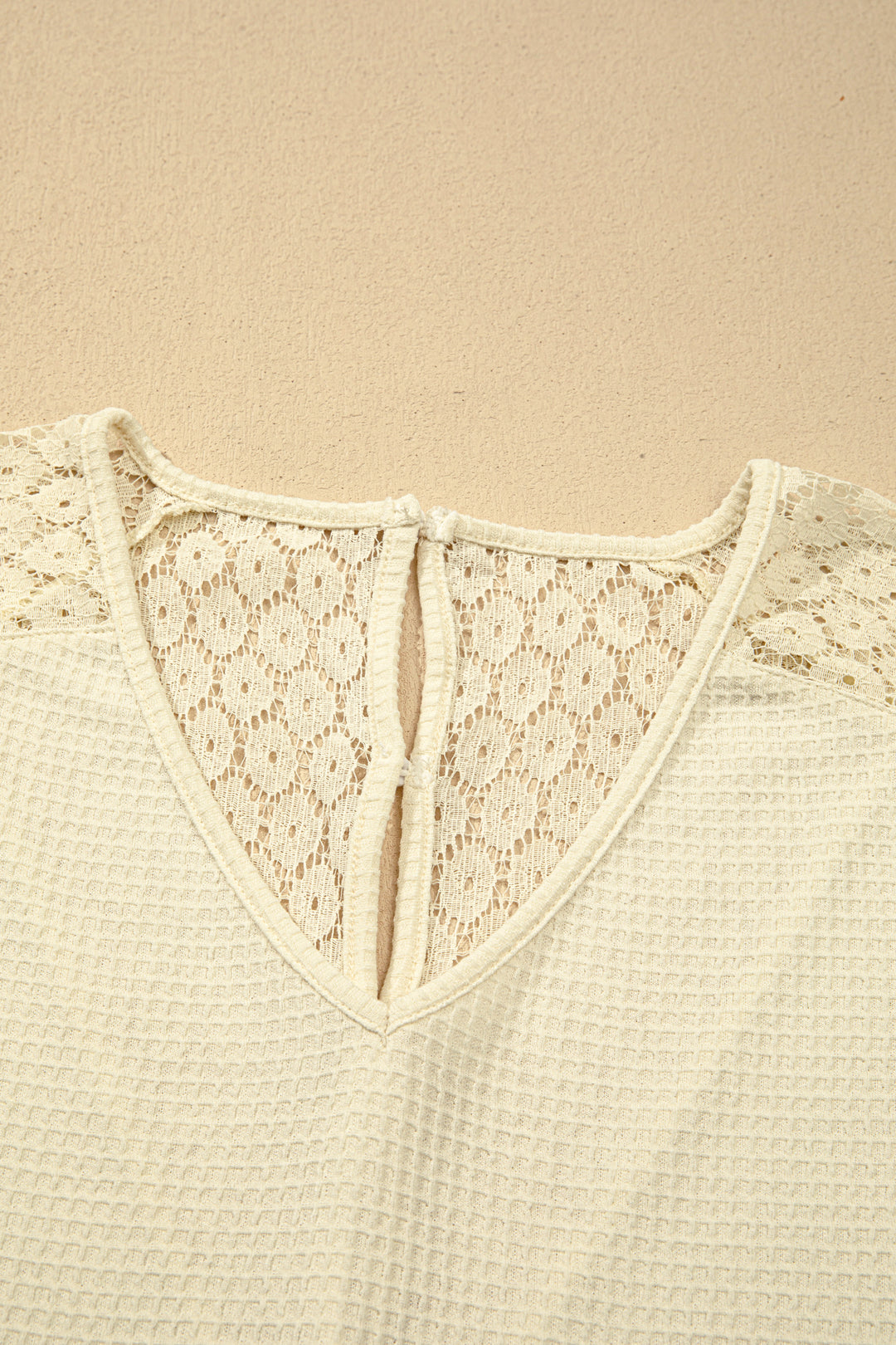 Beige Lace Splicing Button Cutout V Neck Waffle Knit Blouse