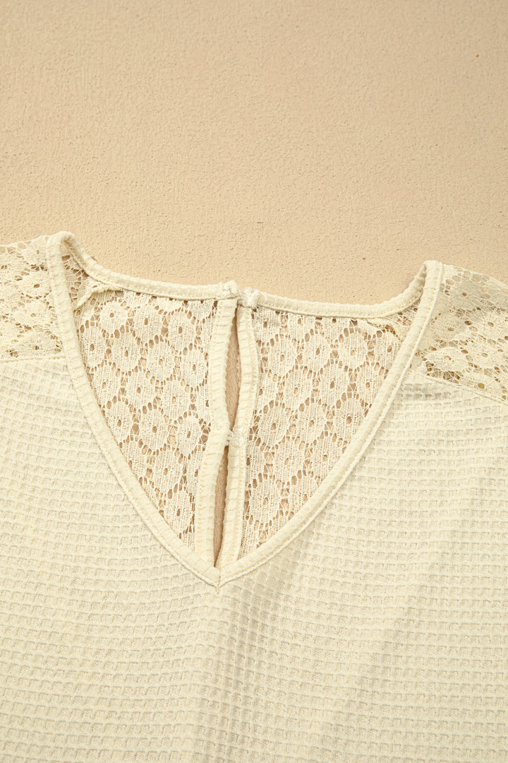 Beige Lace Splicing Button Cutout V Neck Waffle Knit Blouse