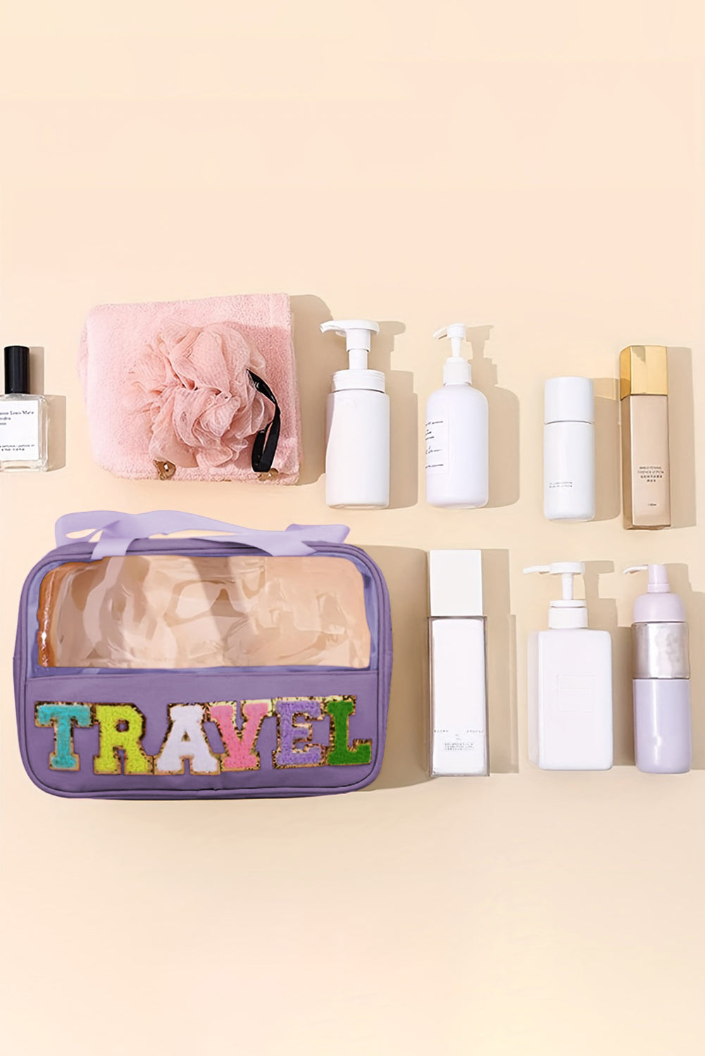 Trousse de maquillage en PVC transparent avec lettres en chenille violette