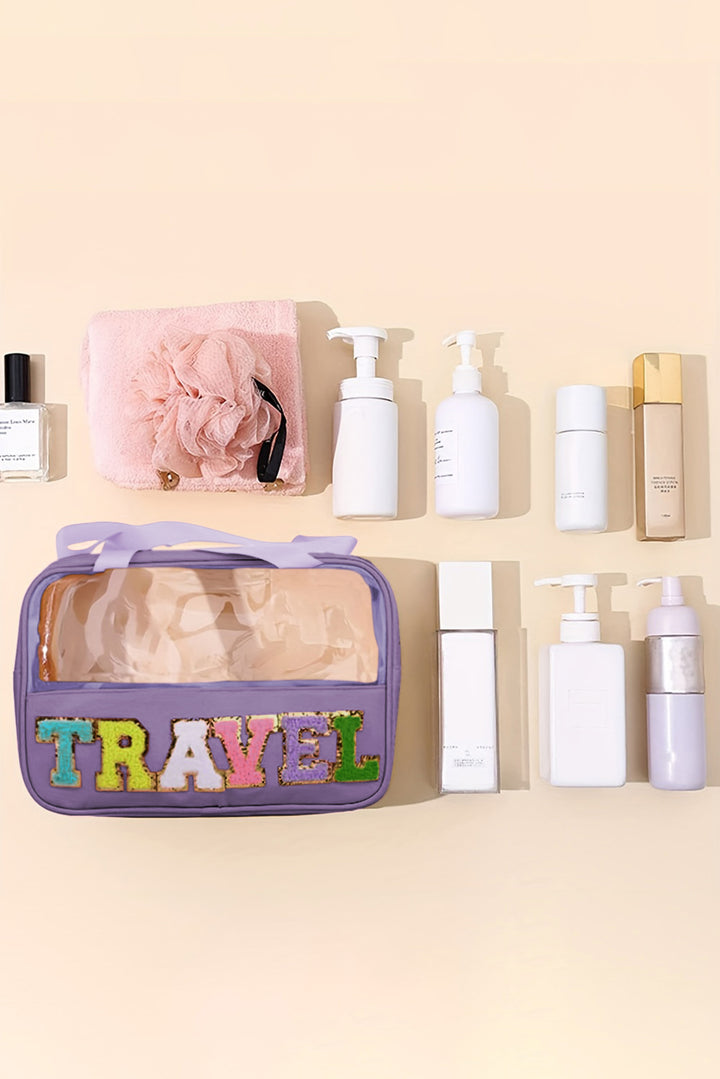 Trousse de maquillage en PVC transparent avec lettres en chenille violette