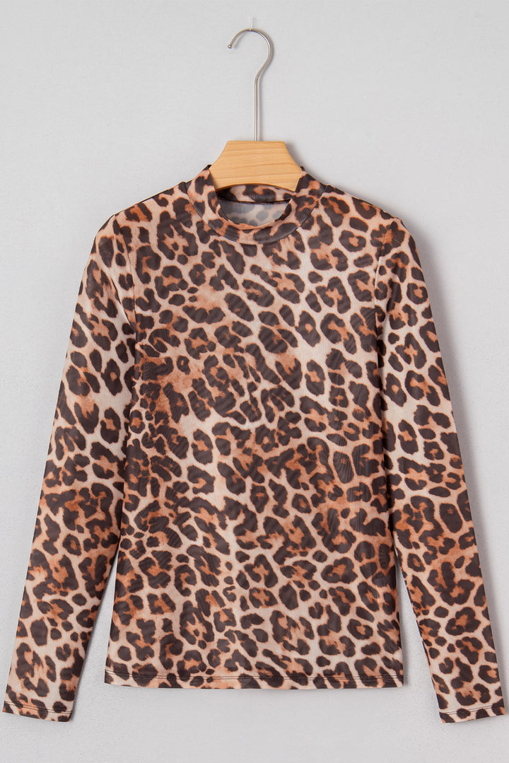 Leopard Mock Neck Long Sleeve Mesh Top