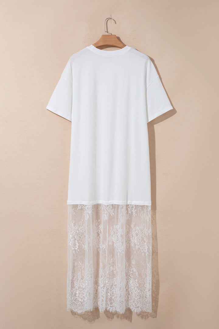 White Floral Patchwork Short Sleeve T Shirt Loose Maxi Dress