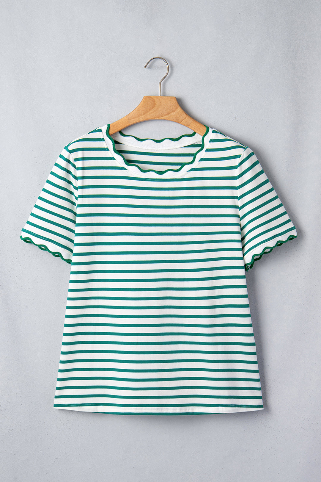 Green Stripe Scalloped Trim Round Neck T Shirt