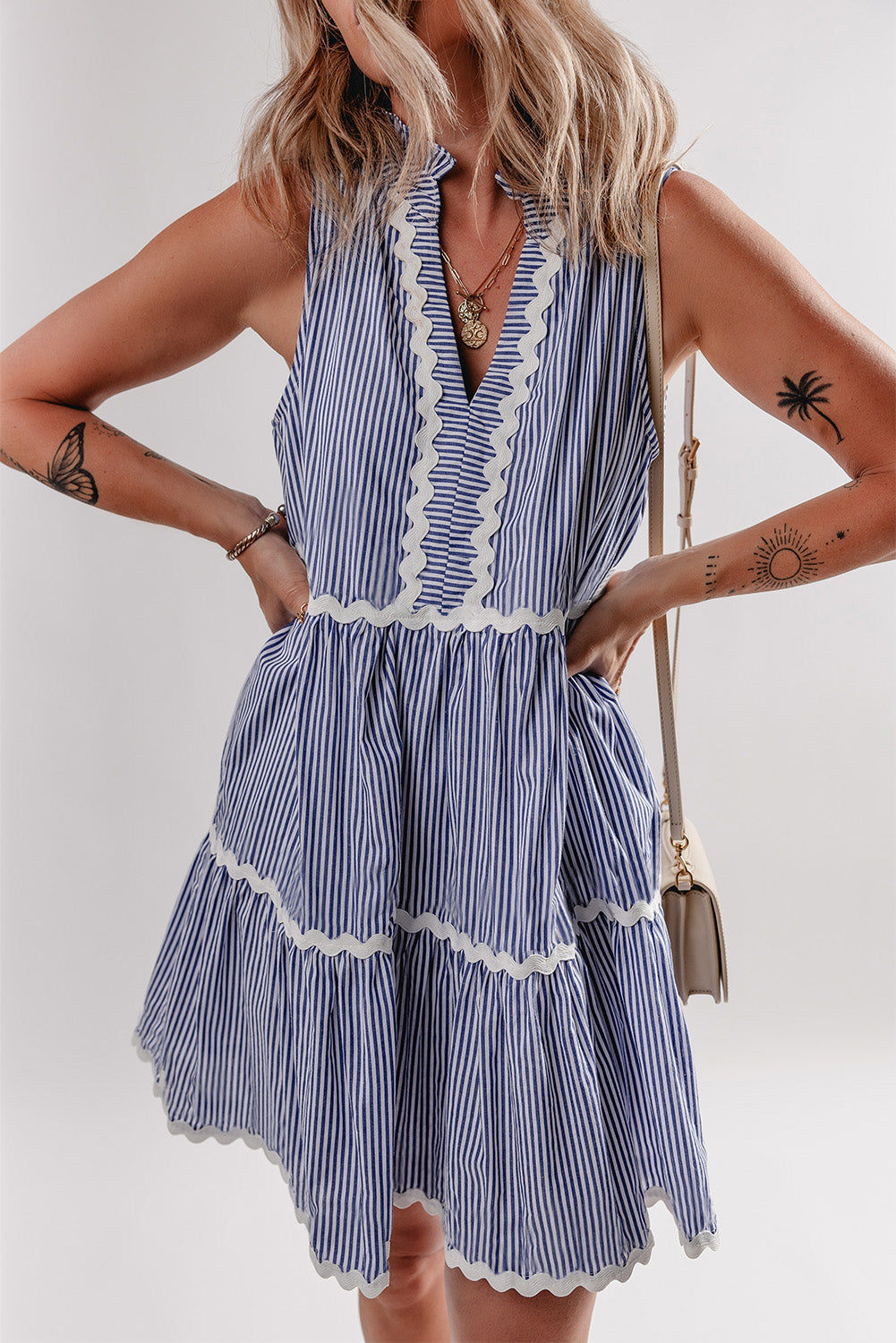Sleeveless Notched V Neck Contrast Ric Rac Mini Dress