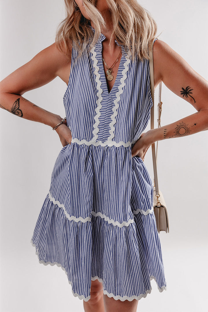 Sleeveless Notched V Neck Contrast Ric Rac Mini Dress