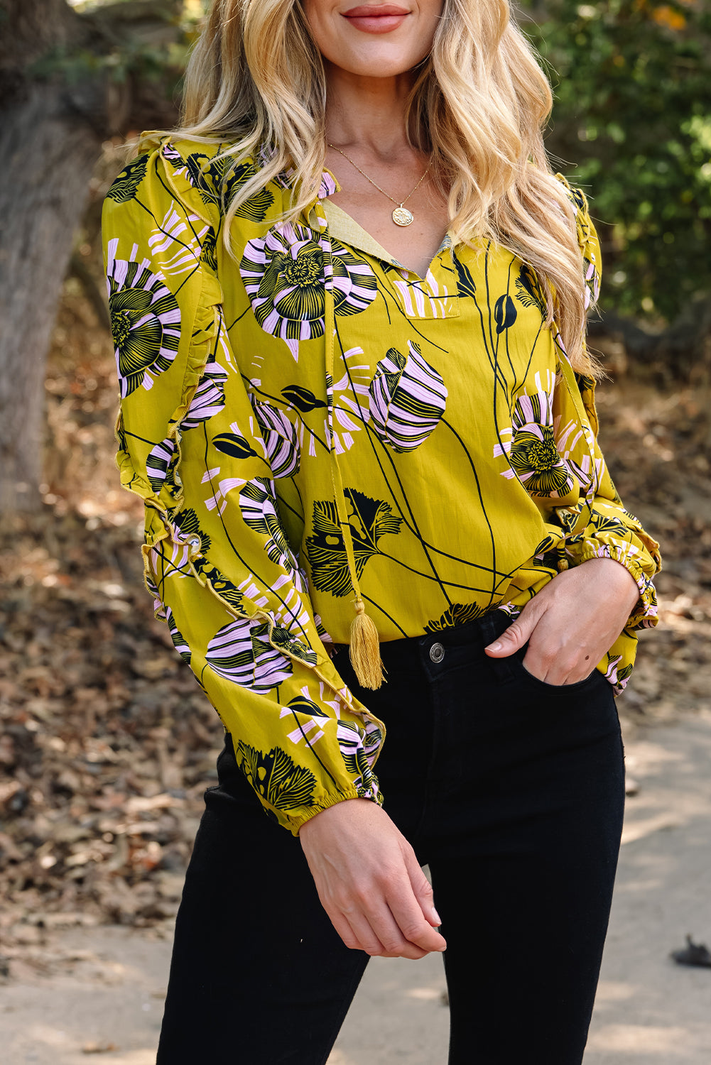 Vintage Floral V Neck Ruffle Trim Long Sleeve Blouse