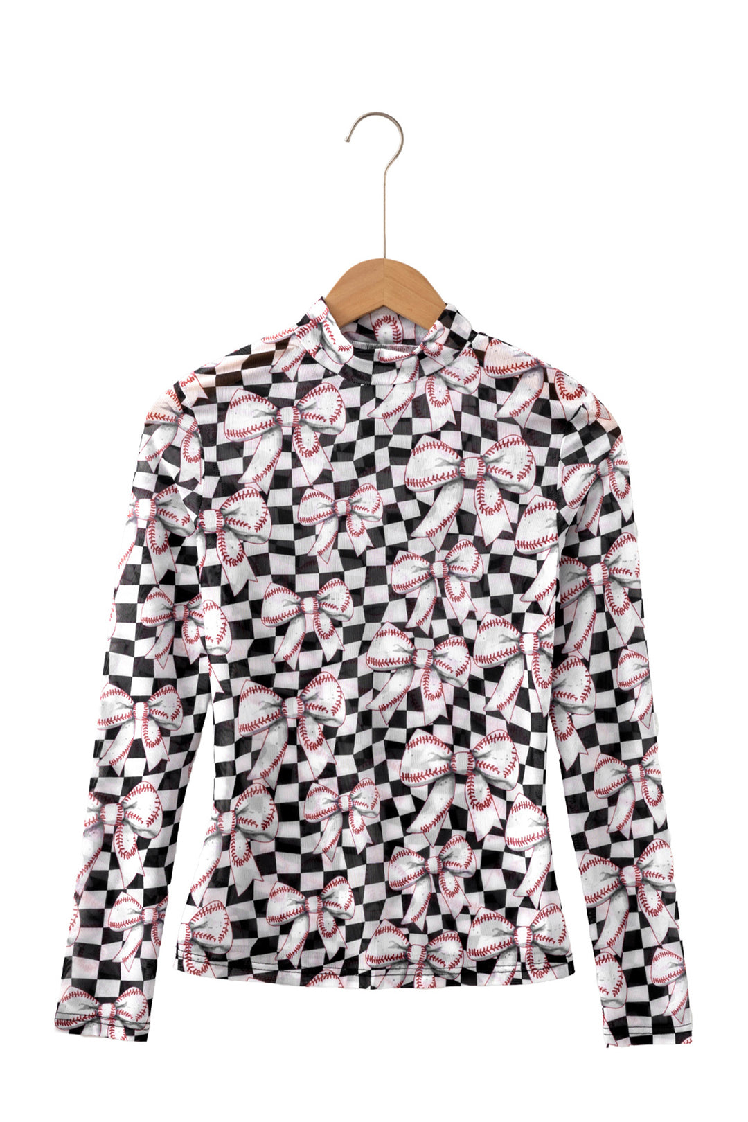 Black Checkered Baseball Bow Print High Neck Long Sleeve Mesh Top
