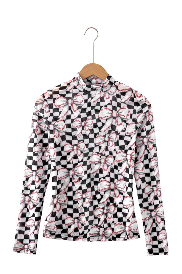 Black Checkered Baseball Bow Print High Neck Long Sleeve Mesh Top