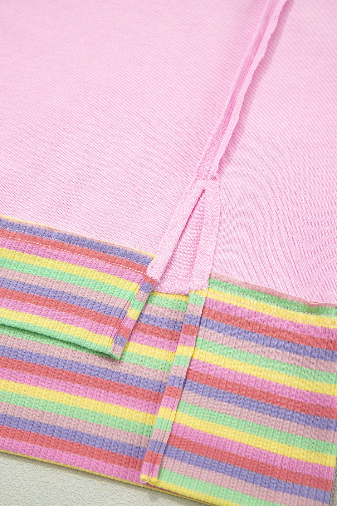Pink Rainbow Stripe Ribbed Patchwork Raw Seam Oversize Polo Tee