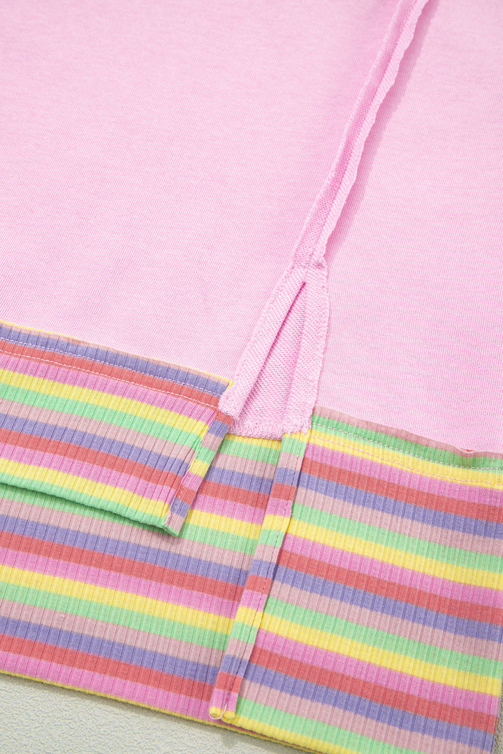 Pink Rainbow Stripe Ribbed Patchwork Raw Seam Oversize Polo Tee