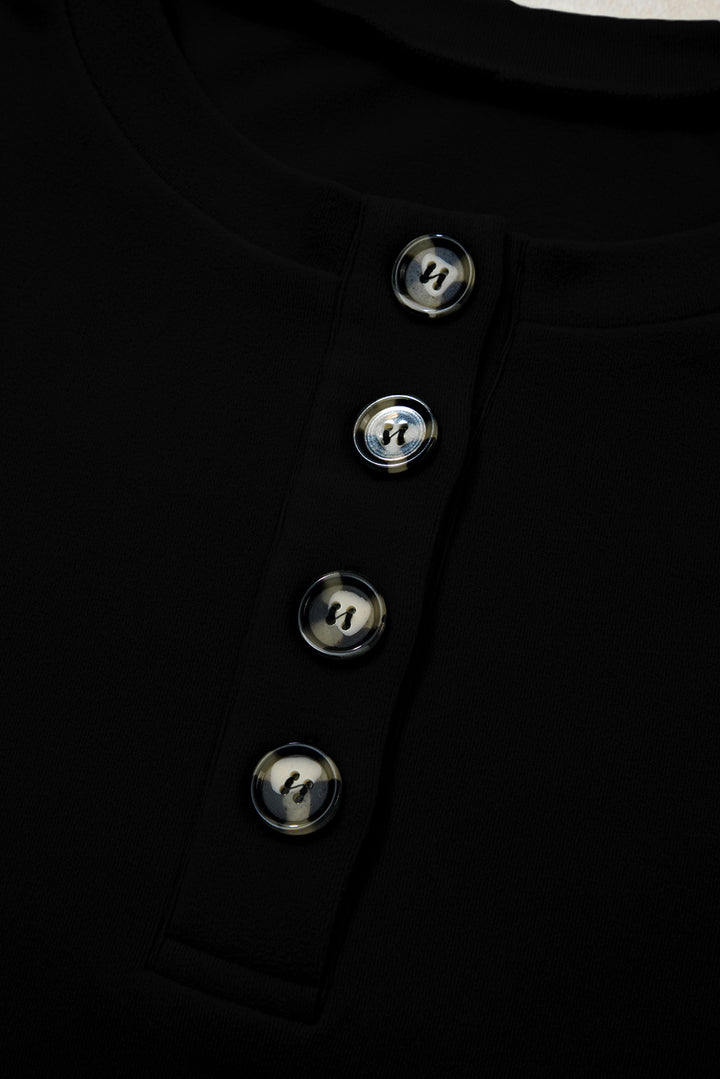 Black Solid Button Placket Crew Neck Plus Size Sweatshirt