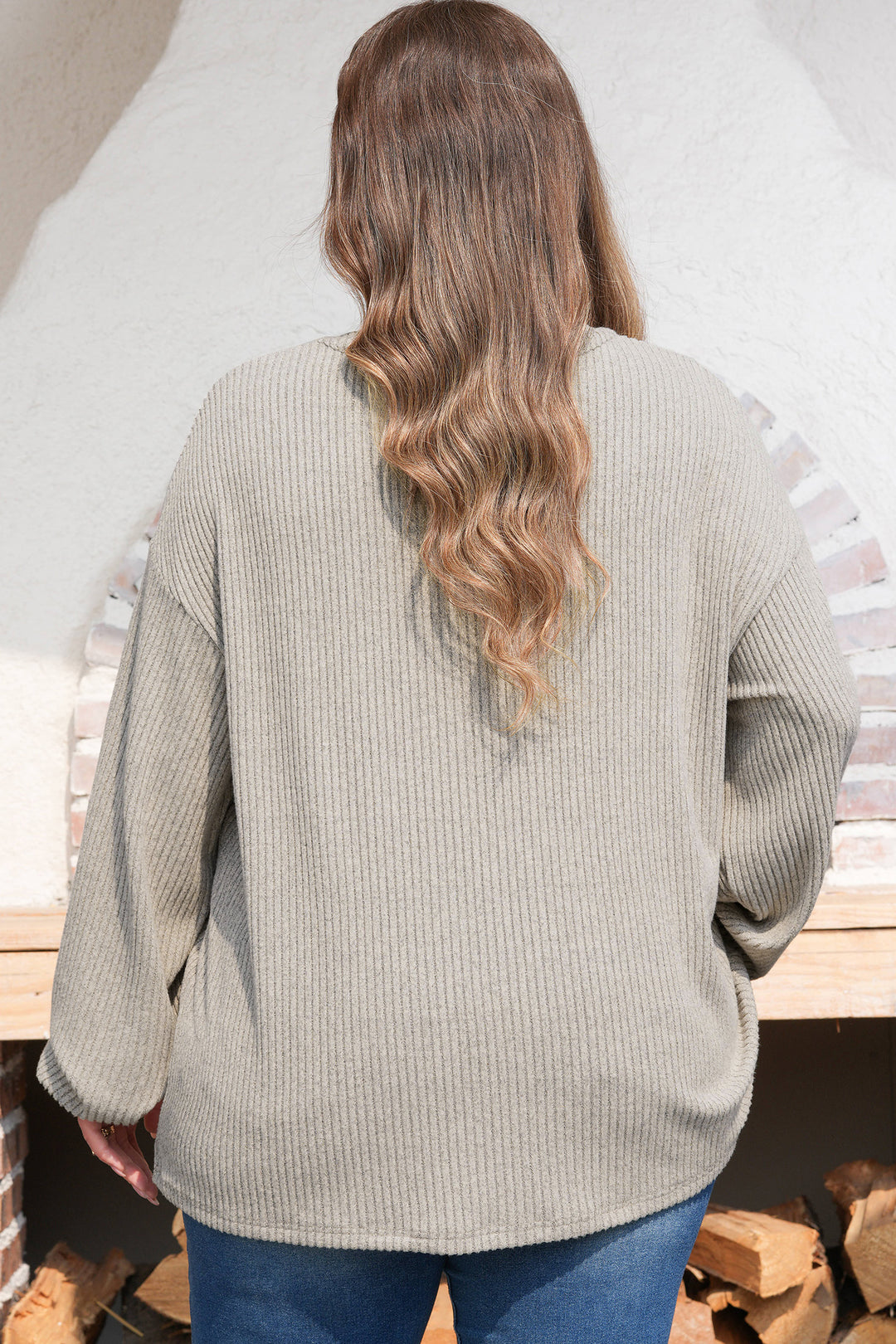 Simply Taupe Plus Size Ribbed Knit Kangaroo Pocket Henley Long Sleeve Top