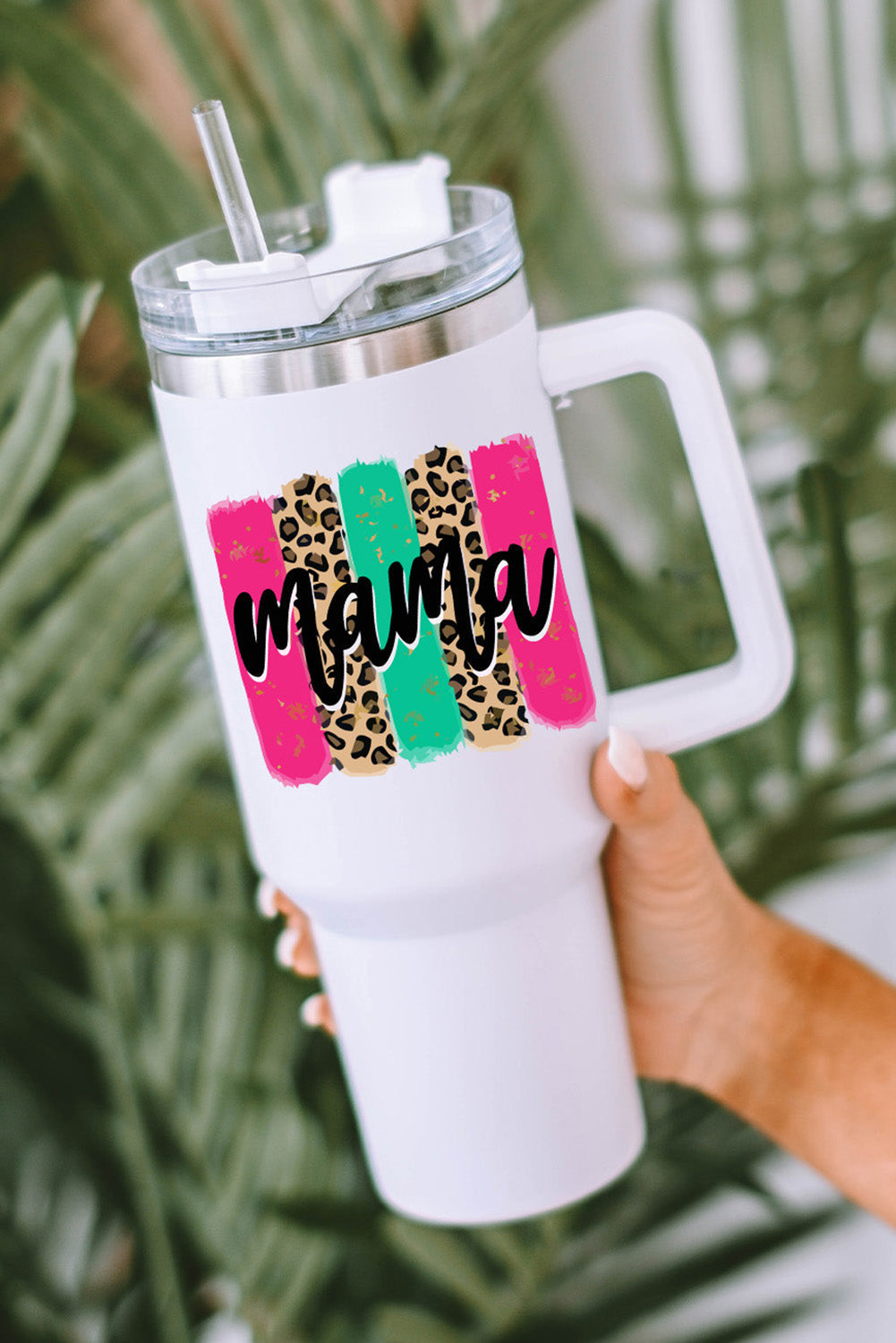 Tasse portable à anse colorée Mama Leopard 40 oz