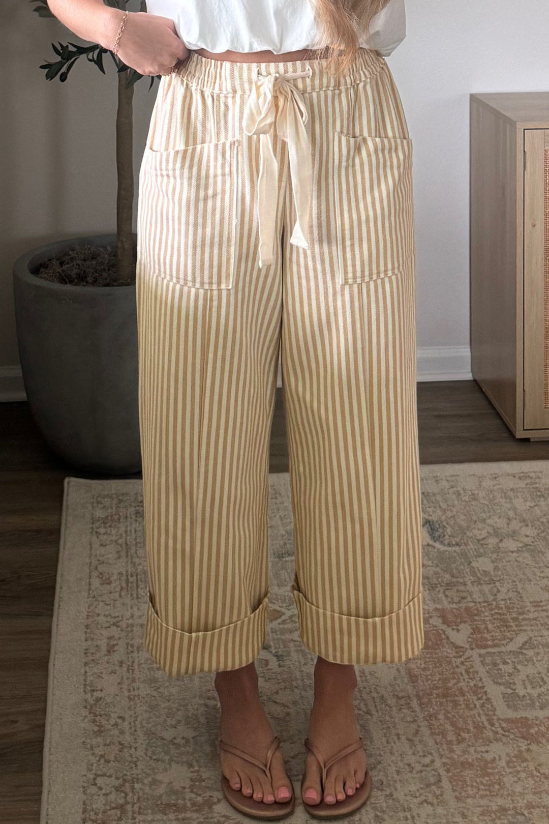 Apricot Stripe Ribbon Drawstring Waist Full-Length Cotton Shift Pant