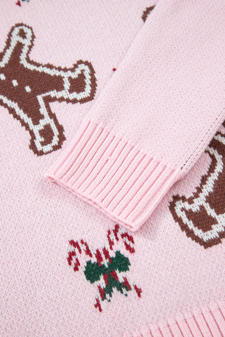 Christmas Ginger Bread Man Print Round Neck Casual Sweater