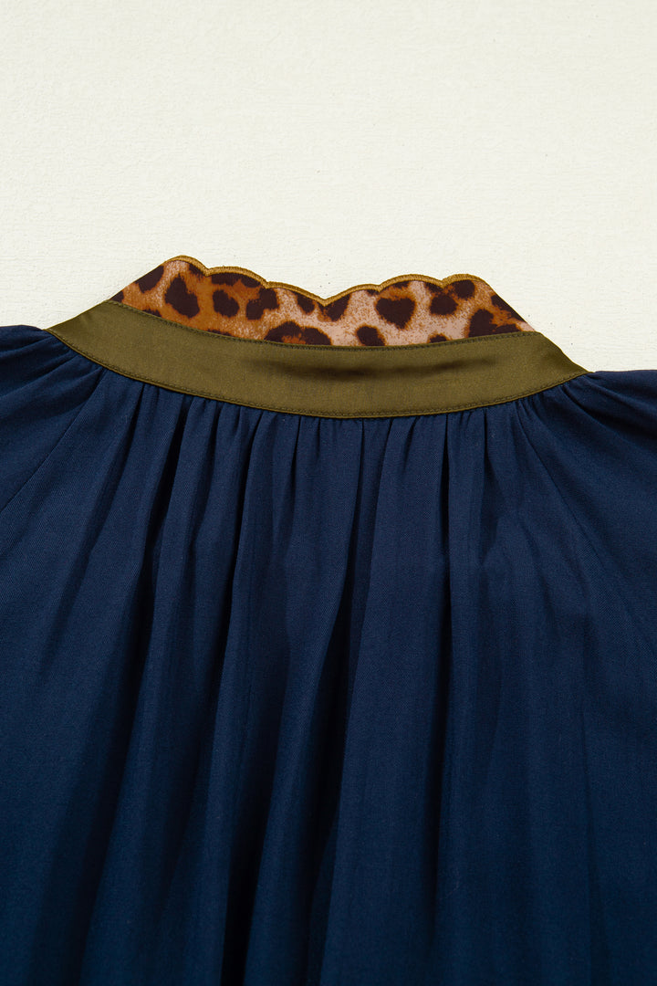 Navy Blue Leopard Metallic Trim Short Sleeve Tunic Dress