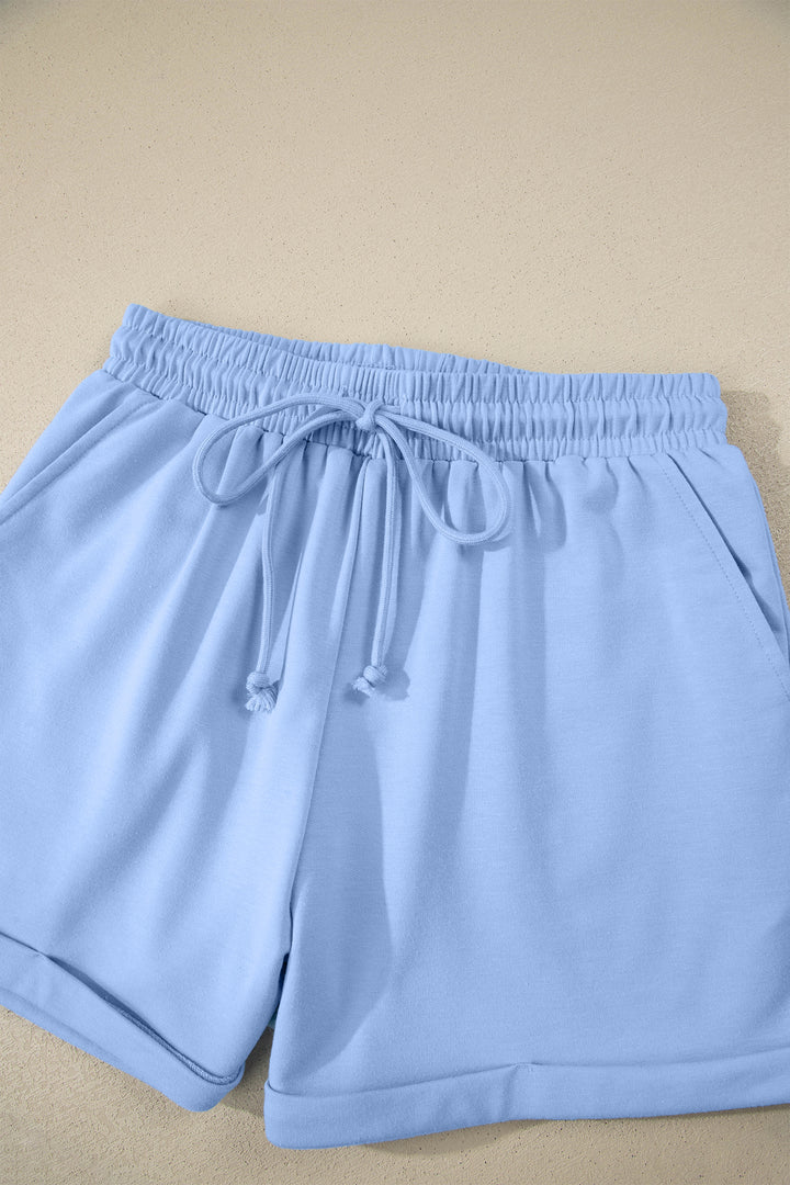 Sky Blue Collared V Neck Tee Drawstring Elastic Waist Shorts 2pcs Outfit