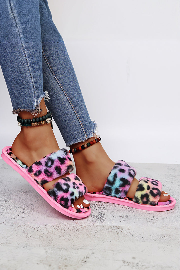 Bold Plush Leopard Double Band Flat Slippers