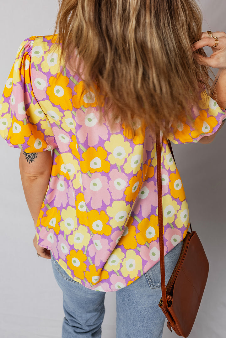 Frilled Neck Puff Short Sleeve Flower Top
