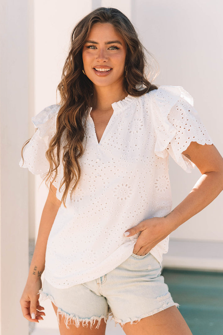 broderie anglaise ruffle short sleeve blouse