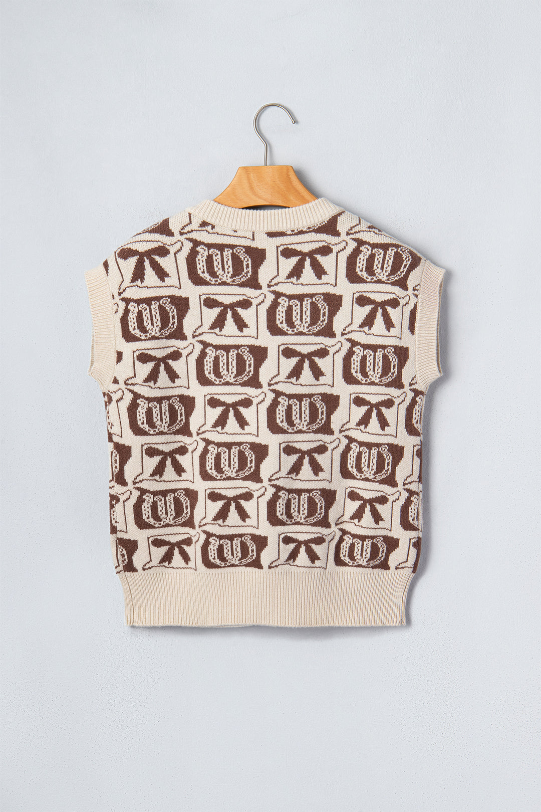 Brown Western Horseshoe Bow Pattern Sleeveless Knit Sweater