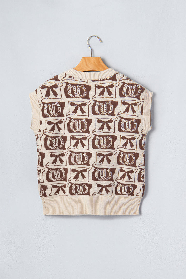 Brown Western Horseshoe Bow Pattern Sleeveless Knit Sweater