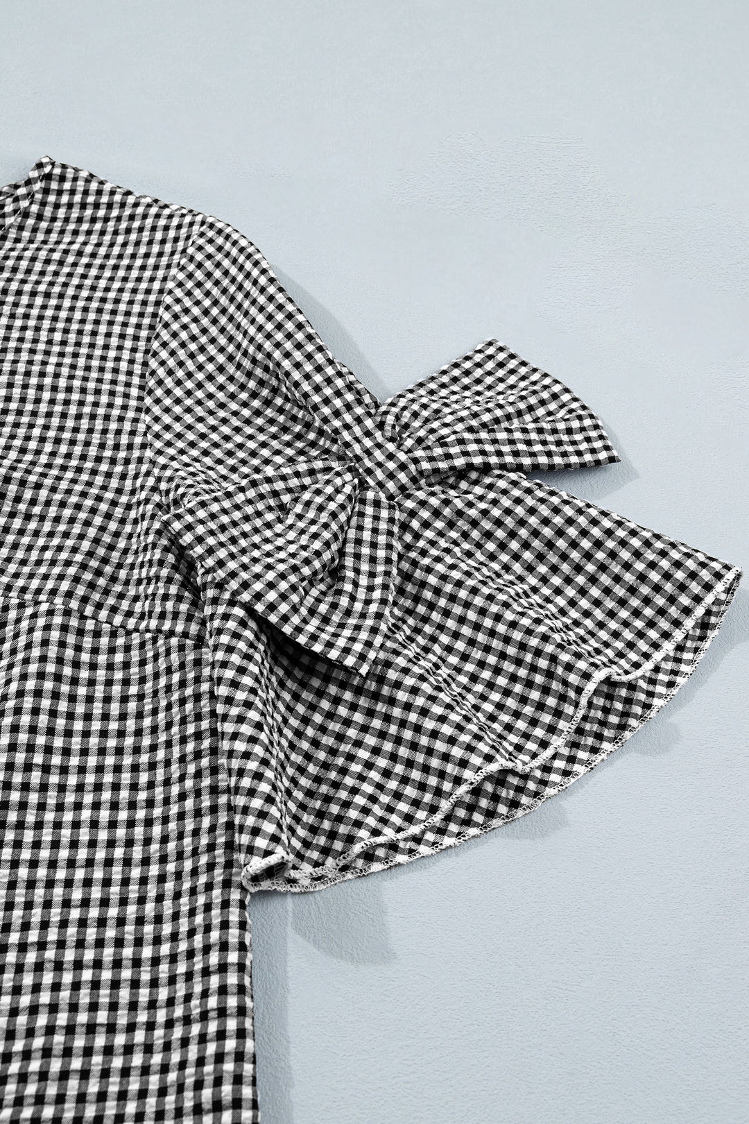 Black Plaid Bow Ruffled Half Sleeve Round Neck Blouse