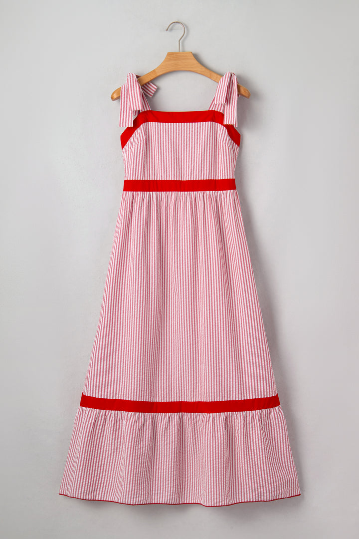 Red Stripe Bow Knot Straps Contrast Trim High Waist Ruffle Hem Maxi Dress