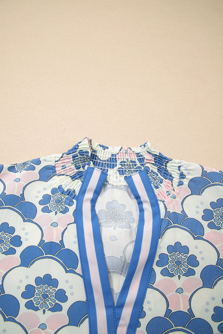 Floral Print Flounced Short Sleeve Contrast Trim V Neck Blouse