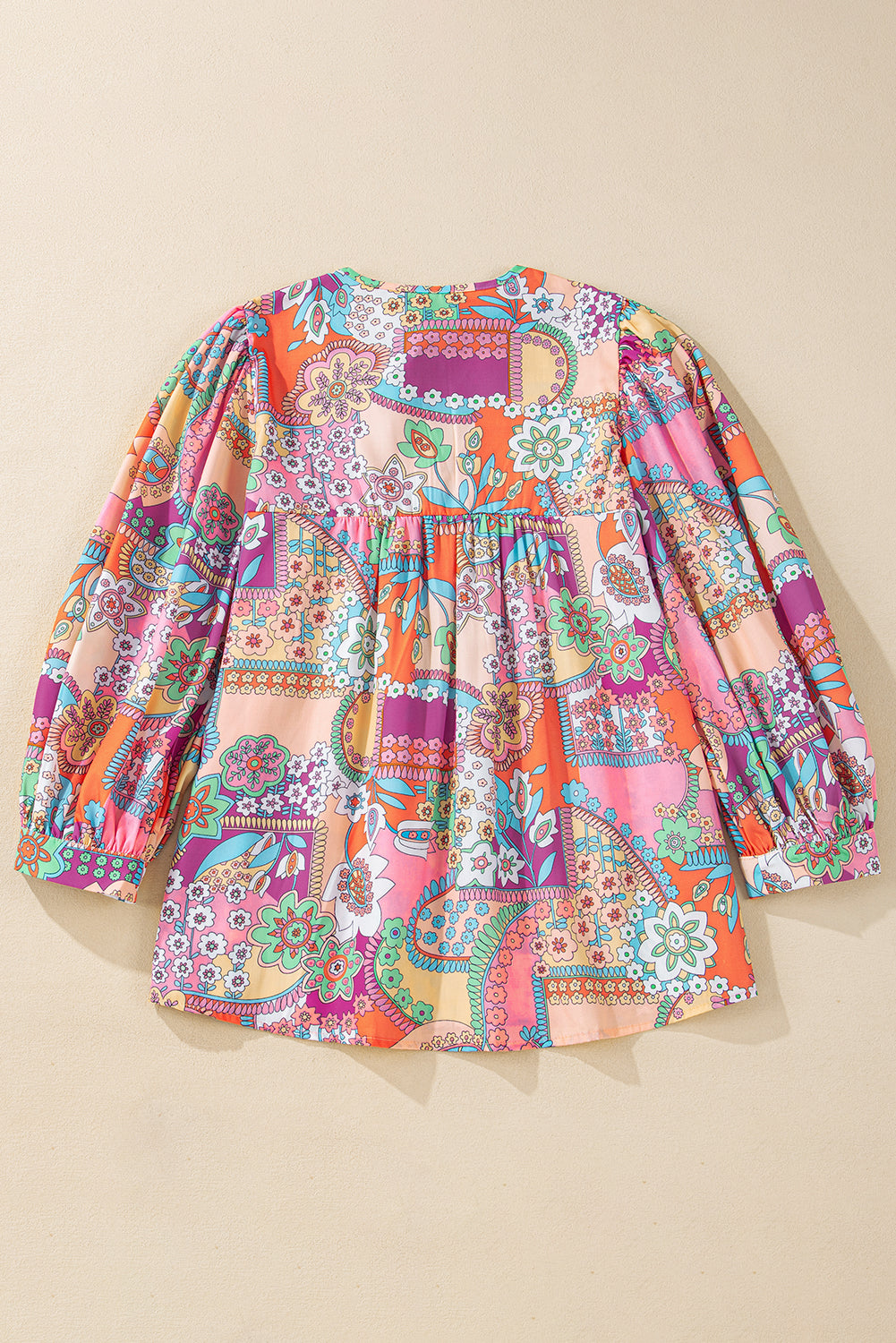 Boho Floral Bubble Sleeve Tassel Tied Neck Pleated Blouse