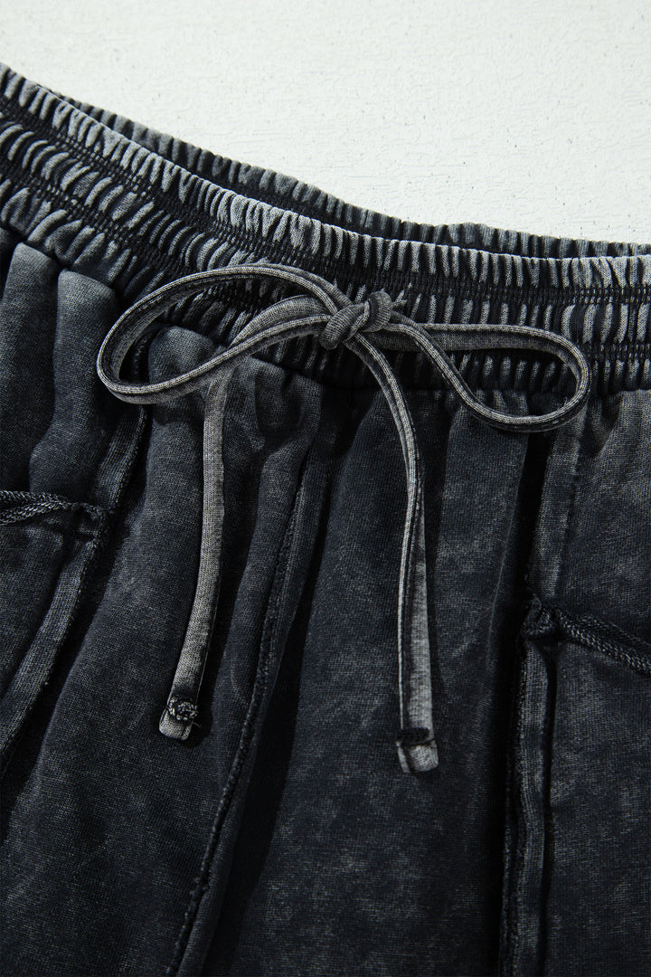 Black Raw Seam Drawstring Elastic Waist Barrel Pants