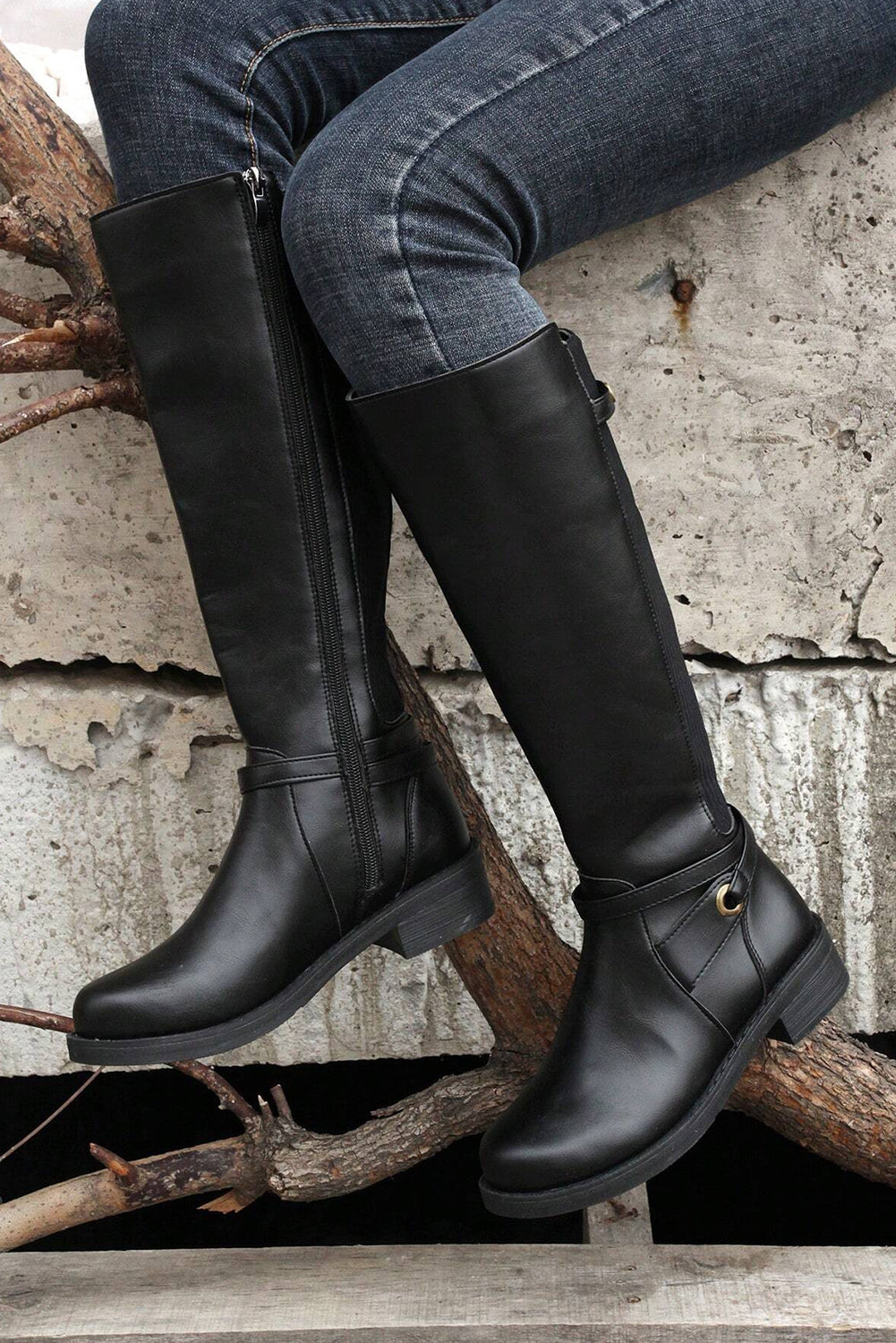 Side Zipper Knee High Chunky Low Heel Boots