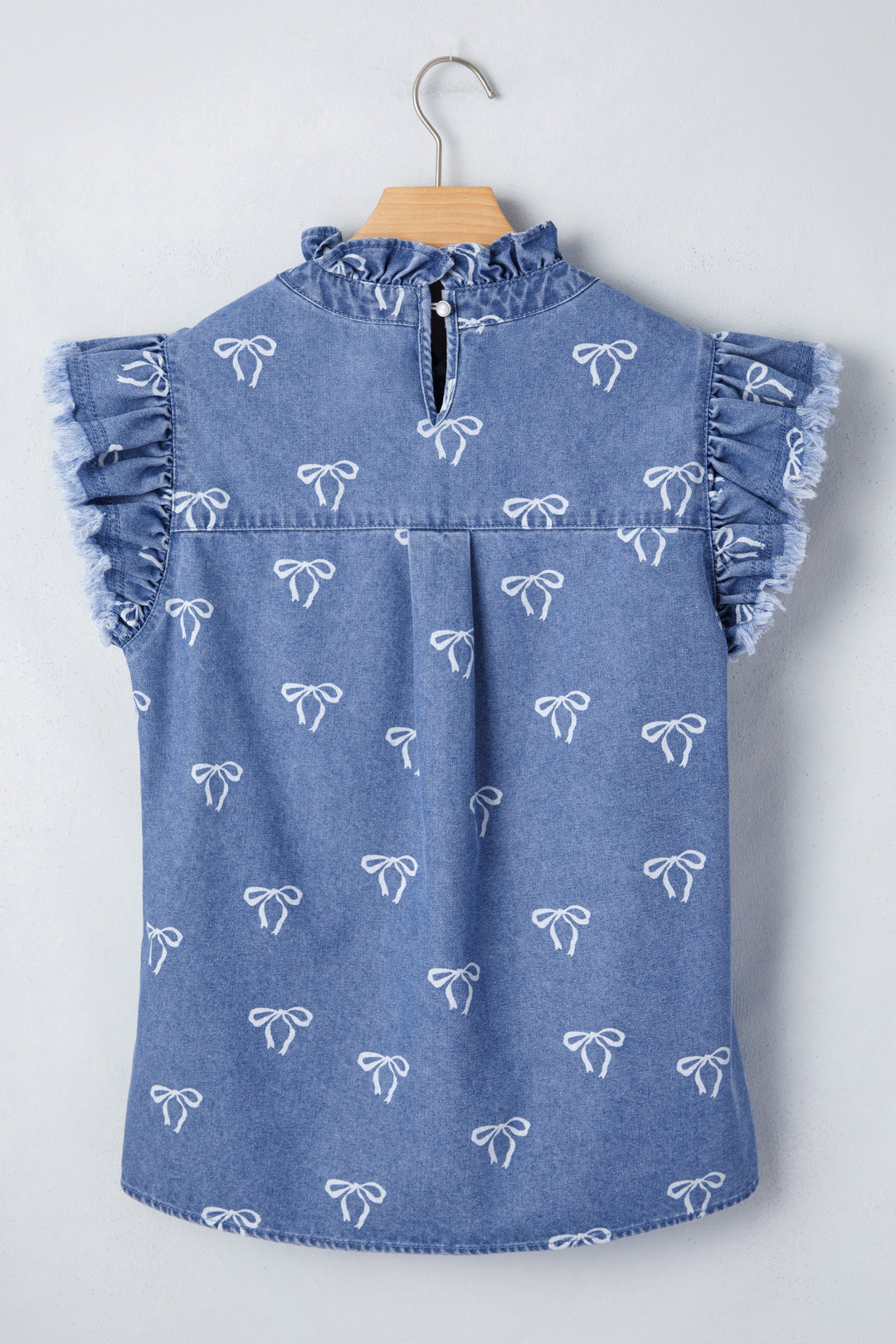 Blue Frilled Collar Flutter Sleeve Denim Top