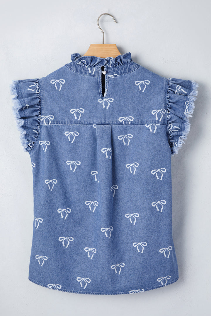 Blue Frilled Collar Flutter Sleeve Denim Top