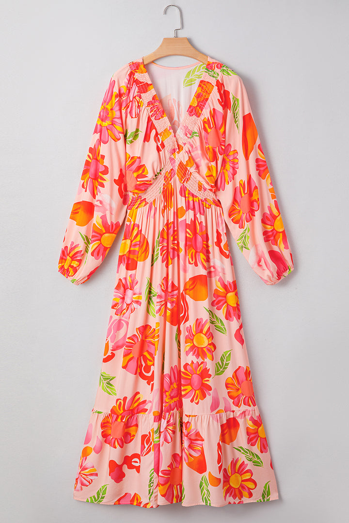 Floral Print Smocked Detail V Neck Puff Sleeve Flowy Maxi Dress