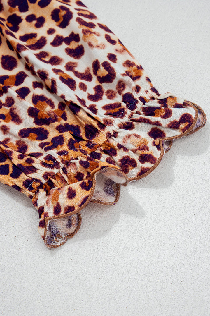 Brown Plus Size Leopard Frilled Stand Neck Blouse