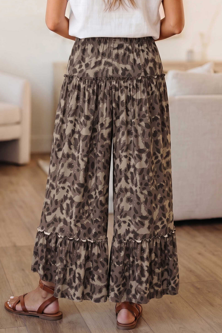 Brown Camo Print Wide Leg Casual Pants
