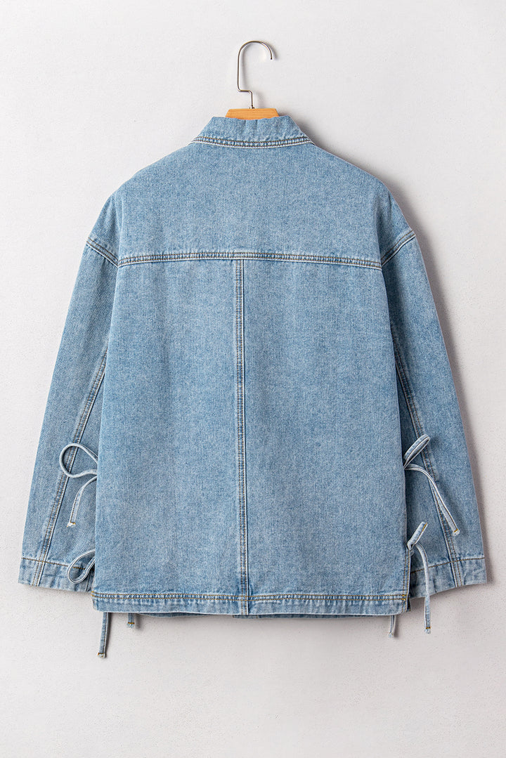 Multi Patched Pockets Side Tie up Boyfriend Style Denim Jacket